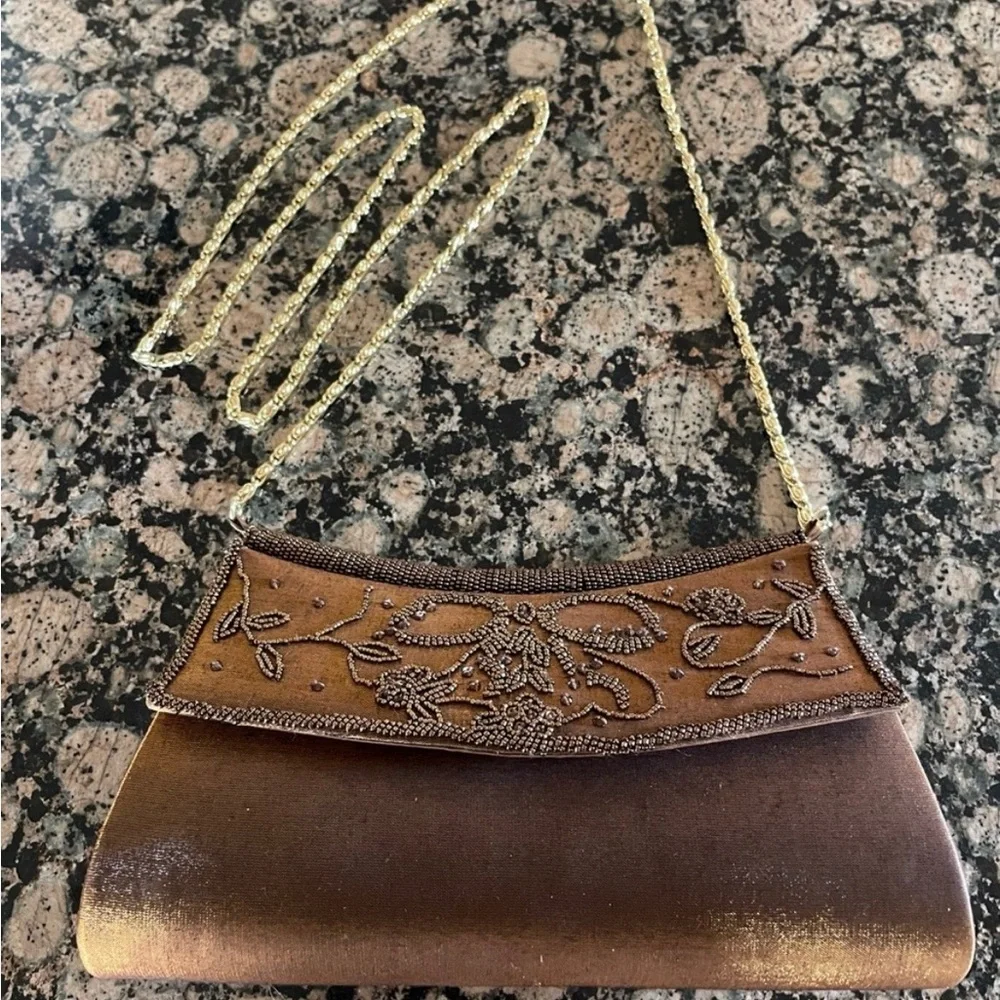 Nina Brown Velvet Beaded Flap Clutch with Gold Chain